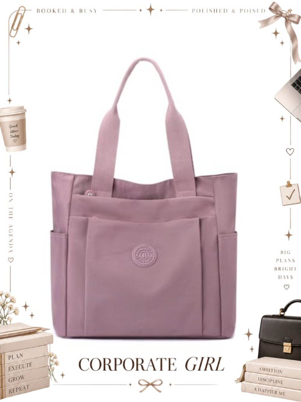 Nylon Tote Bag Lightweight Multi Pocket Shoulder Handbag